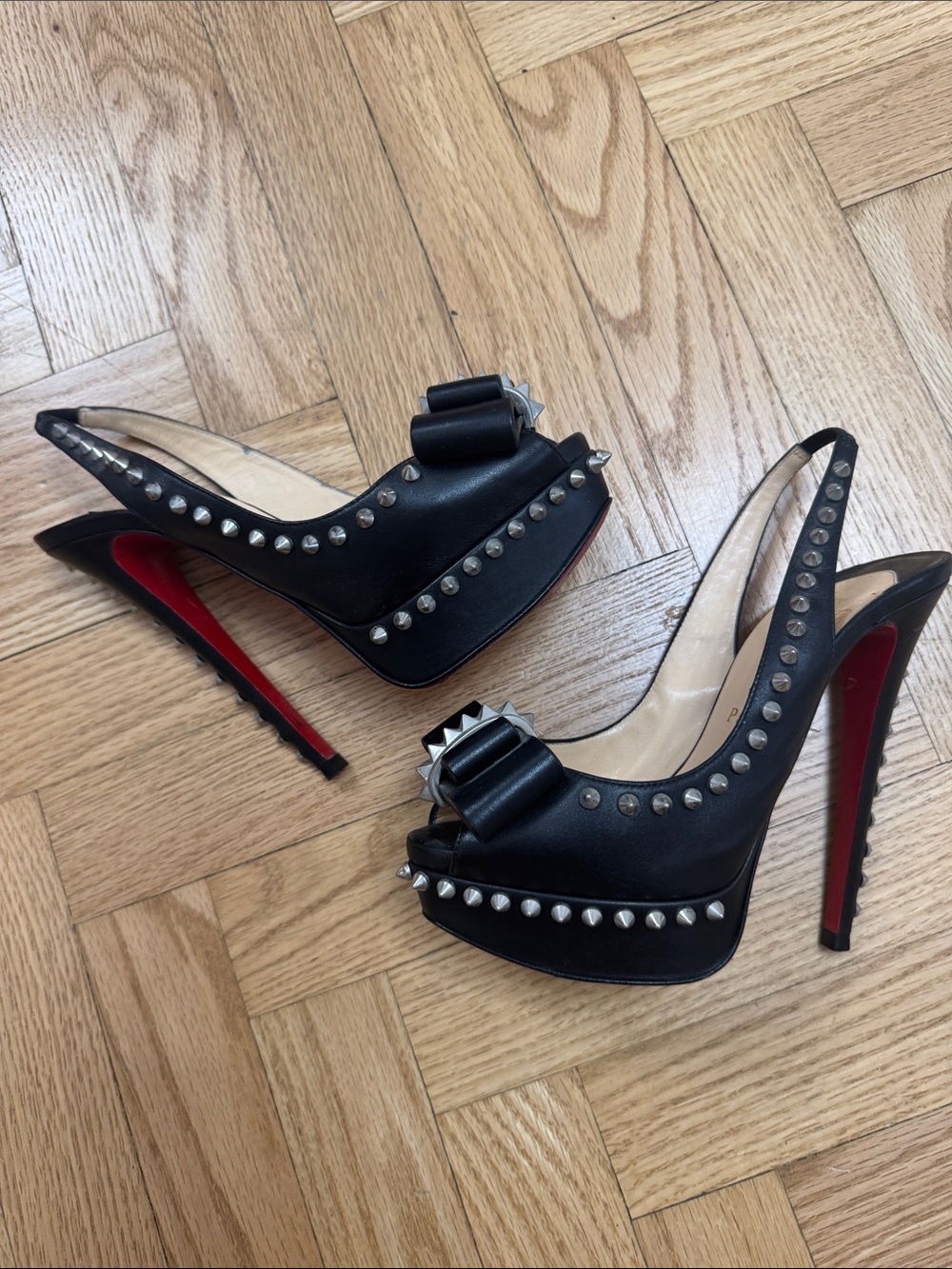 Christian Louboutin Black Studded Peep-Toe Platform Slingbacks with Red Sole